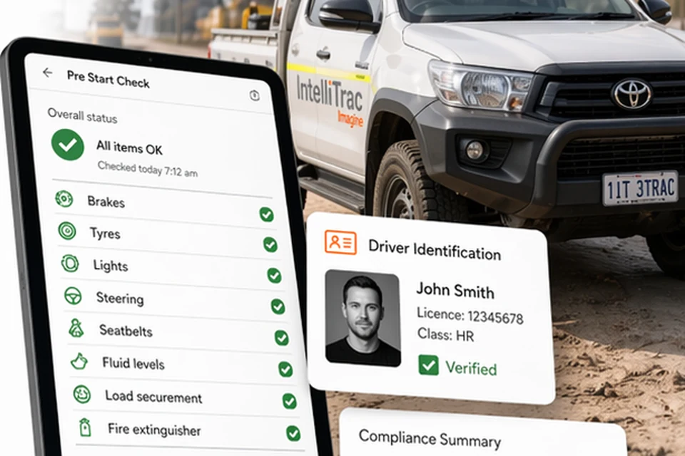 Digital pre-start checklist beside an IntelliTrac utility vehicle.