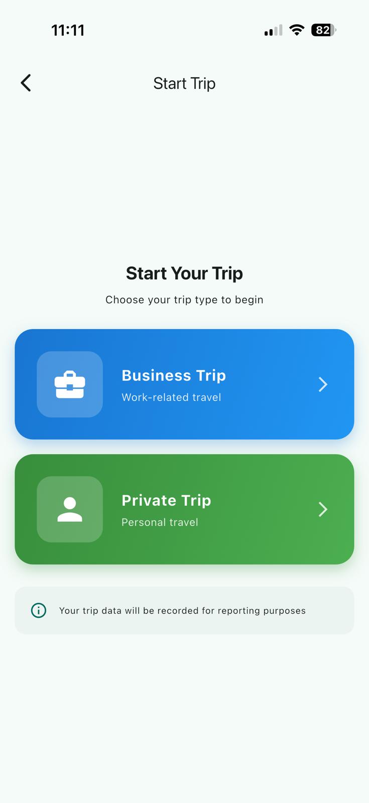 Driver App FBT trip purpose screen with selectable business trip cost codes.