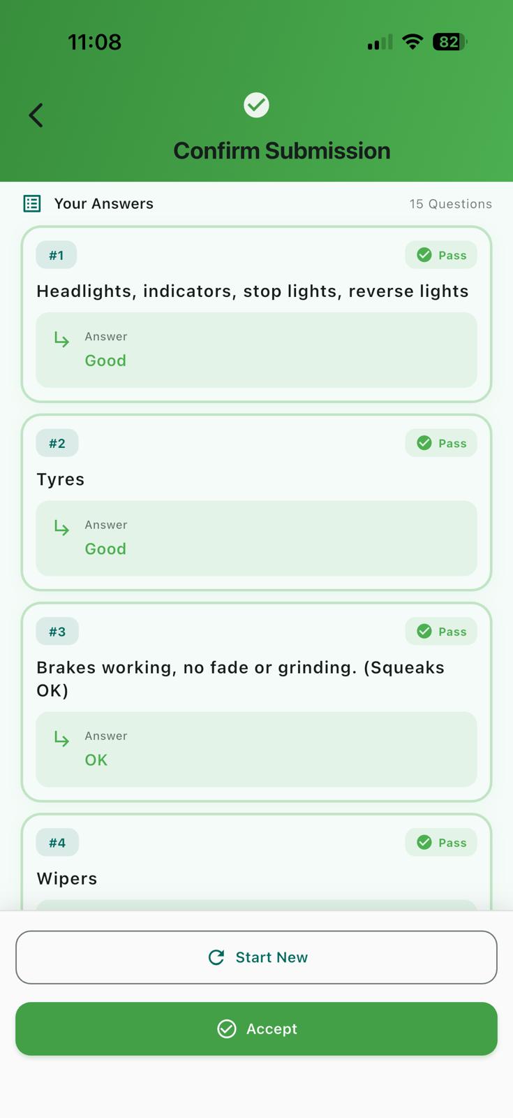 Driver App pre-start checklist screen showing vehicle inspection questions.