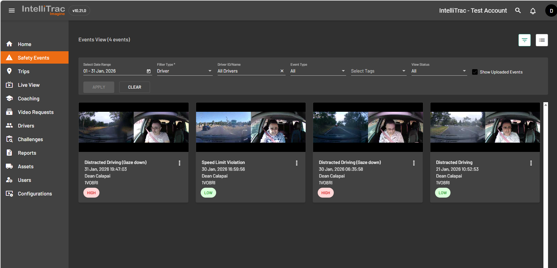Eagle AI safety events software showing event cards with road-facing and driver-facing footage.