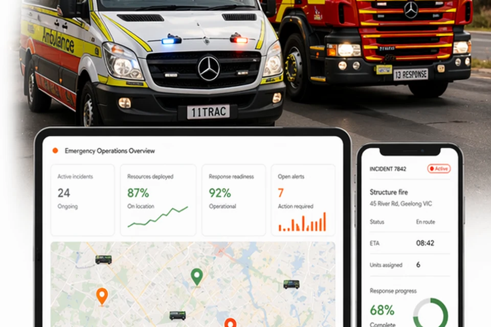 Emergency services operational dashboard and vehicles.