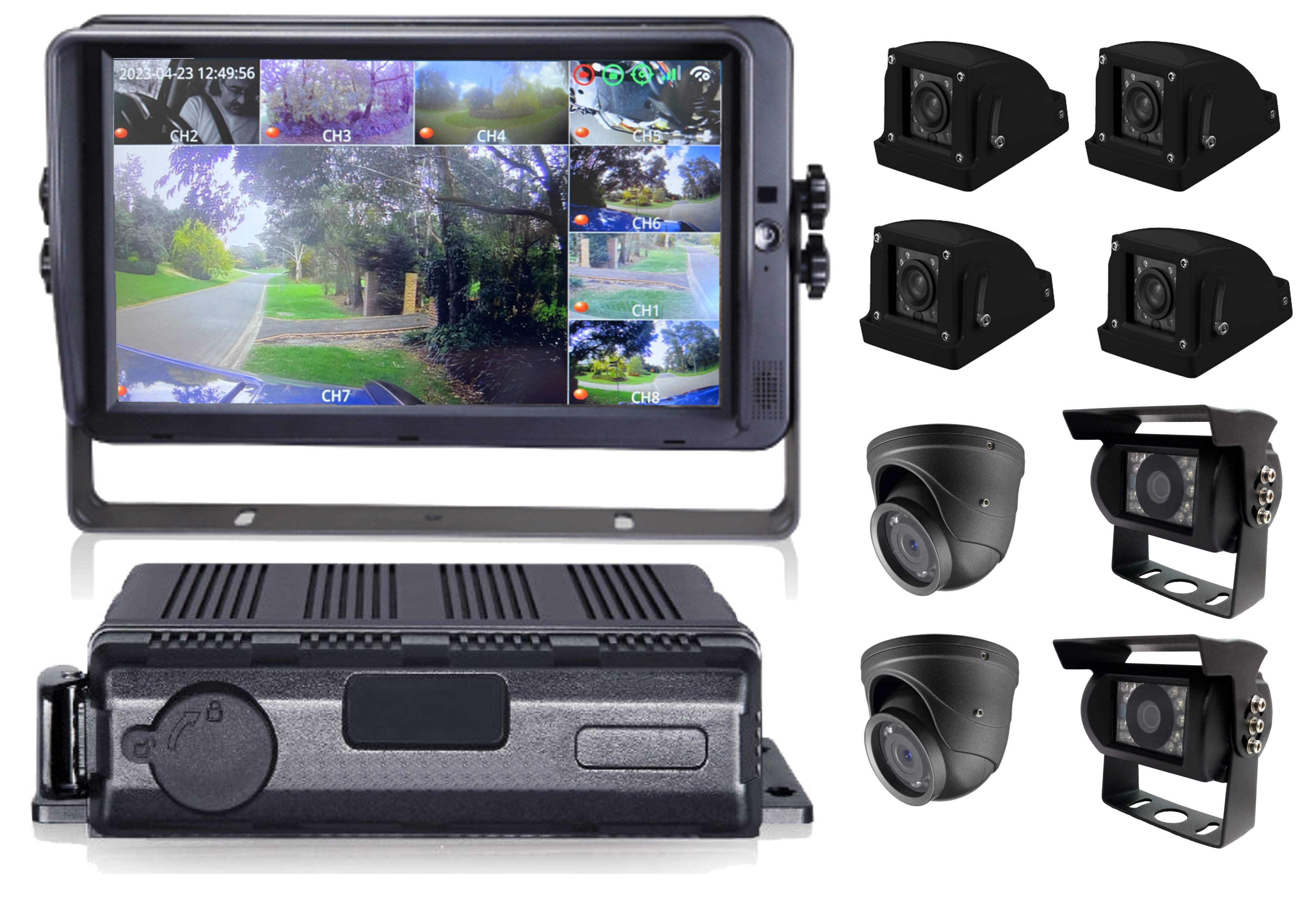 Enterprise CCTV and intelligent MDVR system with screen and multiple vehicle cameras.