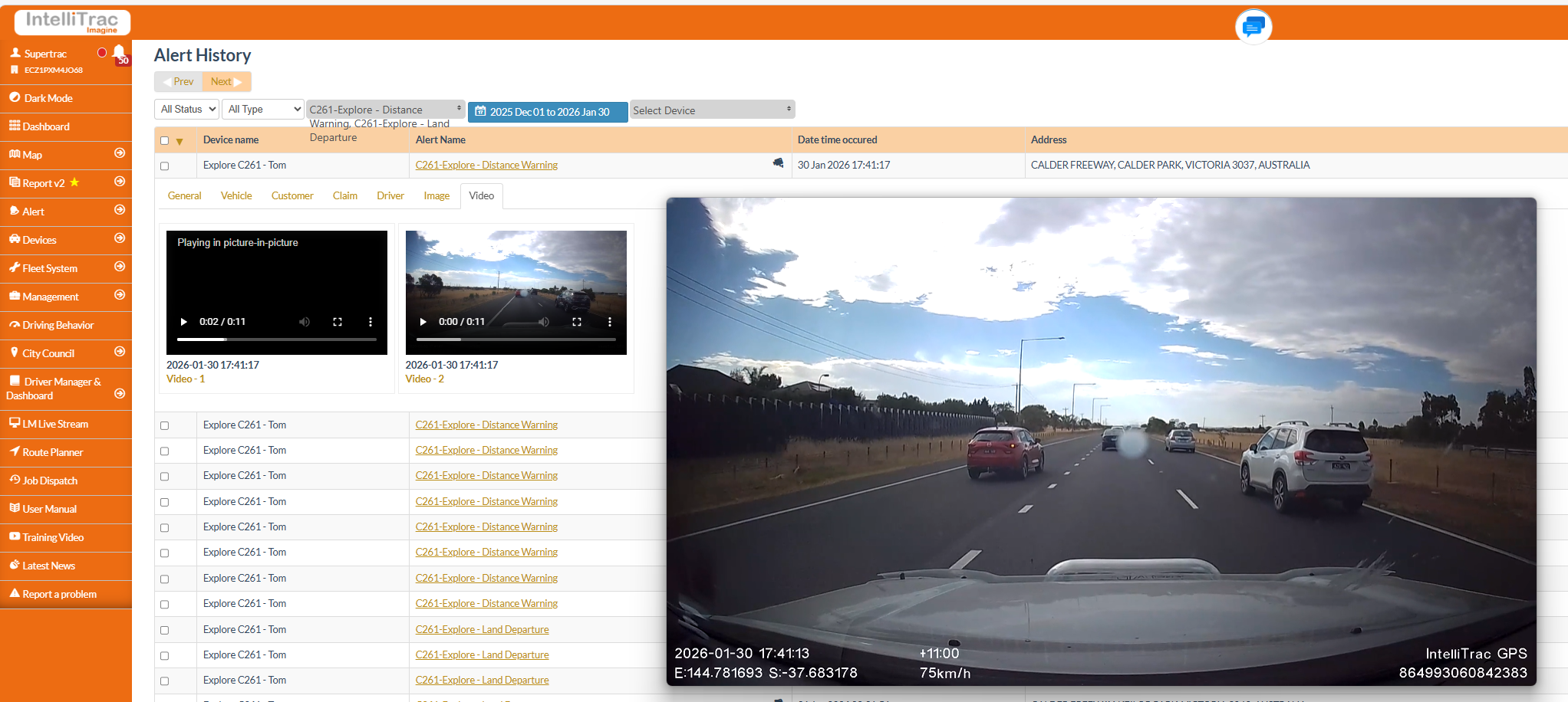IntelliTrac Hawk software showing transport dashcam video, alert history and road footage.