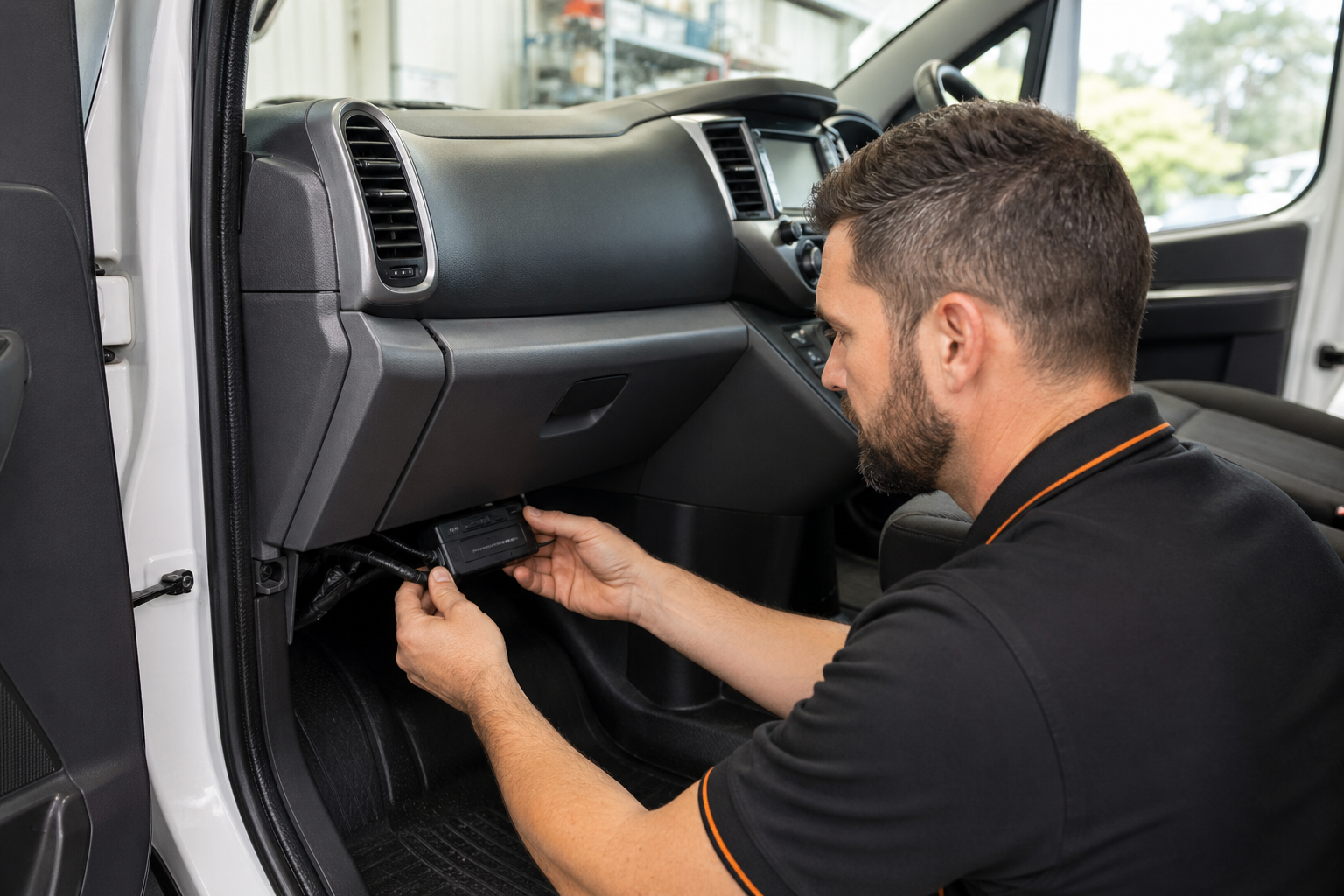 Professional under-dash telematics installation.