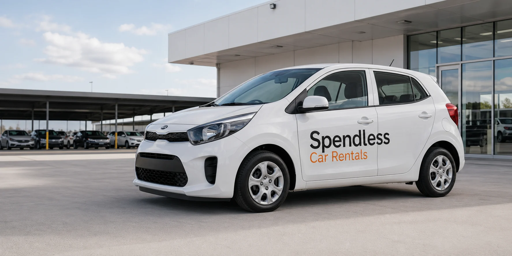 Spendless Car Rentals vehicle at a rental depot.