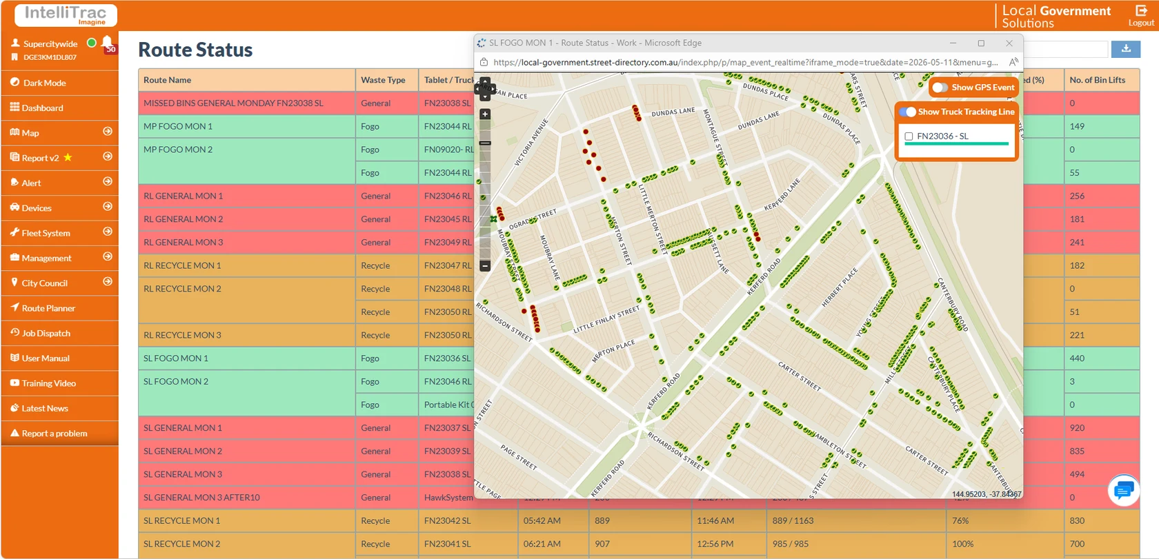 Hawk waste route status screen showing residential bin collection routes, truck tracking and bin lift counts.