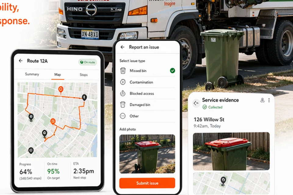 Waste route interface, issue capture and service evidence.