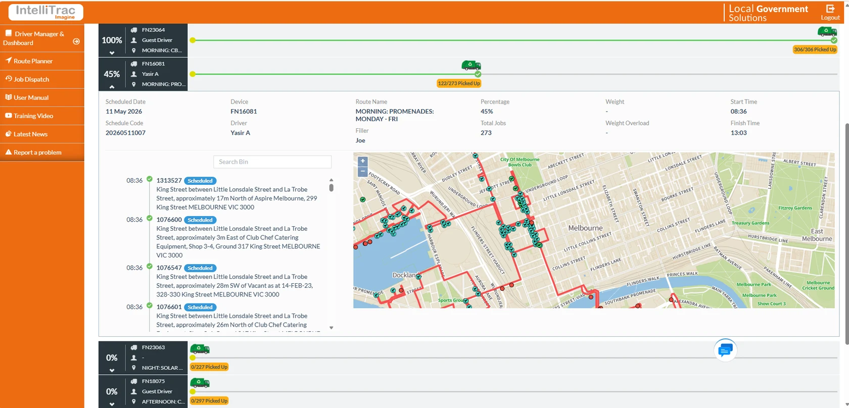 Public litter bin collection workflow showing job progress, bin list and mapped collection route.