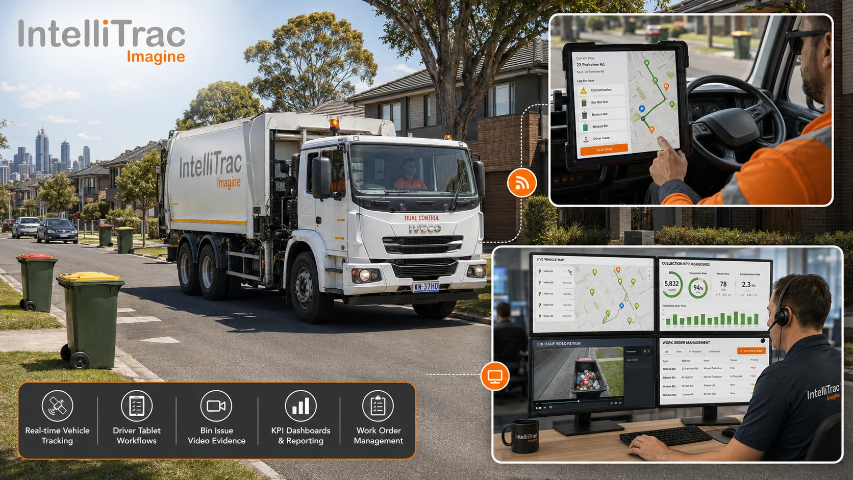 Residential bin collection truck, VT7 in-cab tablet app and operations desk evidence review.