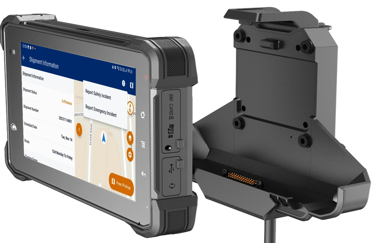 VT7 rugged tablet and vehicle dock used for residential bin collection workflows.